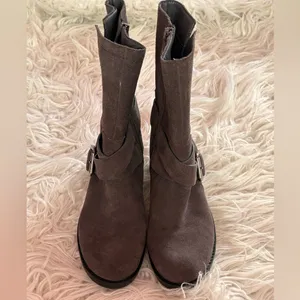 Vince Camuto Suede Moto Boots Size 6 Mid Calf Harness Buckle Black/Brown thumbnail 4