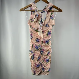 NEW Zara Floral Print Ruched‎ Mini Dress in Pale Pink Size Small thumbnail 6