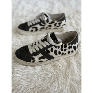 Animal‎ Print Sneakers, Black White Cow Hide Leather Upper, Fun Casual Shoes thumbnail 5