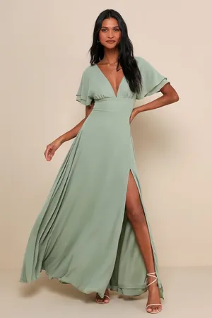 NWT Lulus Promise Of Love Sage Brush Flutter Sleeve Maxi Dress Bridesmaid Size M thumbnail 1