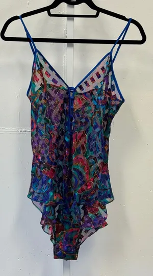 Vintage Victoria's Secret Gold Label‎ Bodysuit Floral Metallic Sheer Blue M 90s thumbnail 1