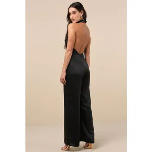 NWT Lulus Sensationally Sophisticated Black Satin Halter Vest Jumpsuit Party M thumbnail 3