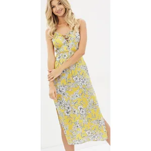 Bardot Floral Midi Dress Womens‎ 8/M Yellow Lace Up Boho Summer Tropical V-Neck thumbnail 2