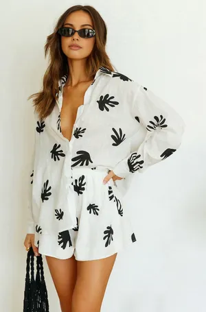 Commense Chill Life Plant Print Casual Relaxed Vacation Top & Short Set White S thumbnail 1
