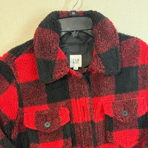 GAP Red and Black Plaid Teddy Jacket thumbnail 3