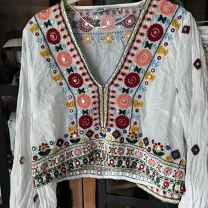 Zara Embroidered Set embellished beaded skirt top boho colorful long sleeve crop thumbnail 5