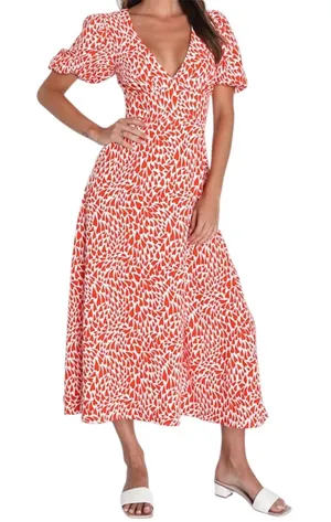 Lulus Love Is In The Flair Red Orange Heart Print Midi Dress Women’s Small NWT thumbnail 1