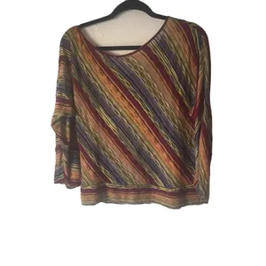 Free People Women's Medium Rainbow Striped Open Knit Round Neck‎ Boho Top thumbnail 4