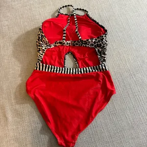 Leopard Print Cut Out‎ One Piece Swimsuit Red Bottom Striped Waistband Monokini thumbnail 2