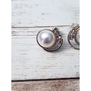 Vintage TJG Clip On Earrings - 5/8" Faux Pearl with Clear Gems Swirl thumbnail 8