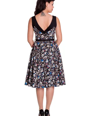 Hell Bunny Black Skull Print V-Neck Fit & Flare Dress thumbnail 7