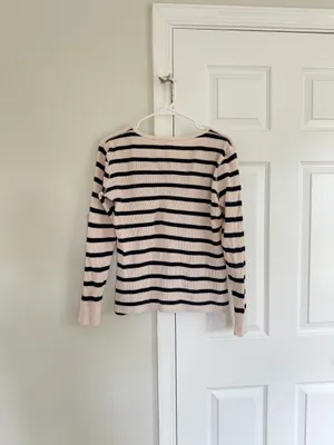 J. Crew Womens Waffle Thermal Henley Top Shirt Striped Blue Ivory Gold Button M thumbnail 8