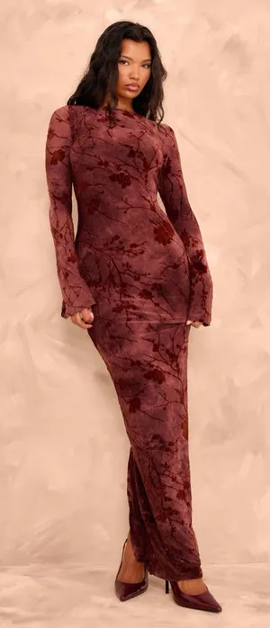 PrettyLittleThing Long Sleeve Floral Burnout Maxi Dress in Dusty Plum thumbnail 1