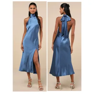 Lulus Exceptional Status Blue Halter Backless Slip Midi Dress Size Medium Gala thumbnail 2