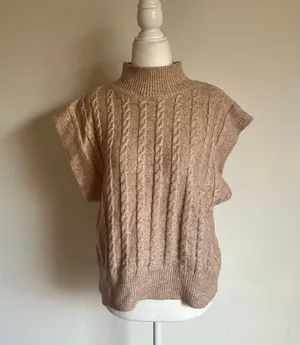 Cupcakes & Cashmere Tan-Beige Mock Neck Cable Knit Sweater Vest thumbnail 1