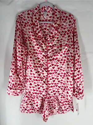 Lilac + London Pink Hearts Satin Shortie Pajama Set Size M NWT thumbnail 2