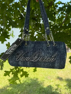 Von Dutch Dark Denim Crystal Logo Barrel Bag with Chain Straps thumbnail 2