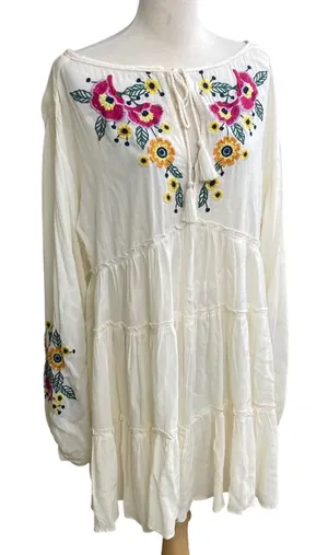 Free People spell on Ivory Floral Embroidered Boho Mini Dress Tassel Tie XS thumbnail 1