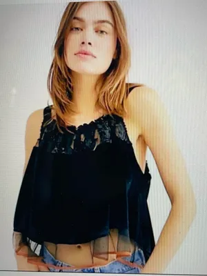 Free People Women’s Black Velvet Lace Trim Babydoll Orange Ribbon Straps - Small thumbnail 2
