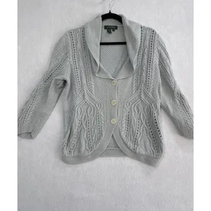 Lauren Ralph Lauren Linen‎ Cotton Cable Knit Shawl Collar Cardigan Blue Grey L thumbnail 2