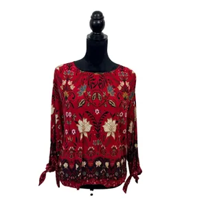 Loft Womens Red Floral Paisley Long Sleeve Tie Cuff Blouse Size M Bohemian thumbnail 2