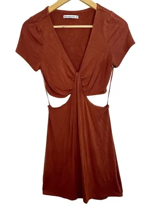 Abercrombie & Fitch Brown Ribbed Knit Cutout Ruched Mini Dress Womens Size M thumbnail 1