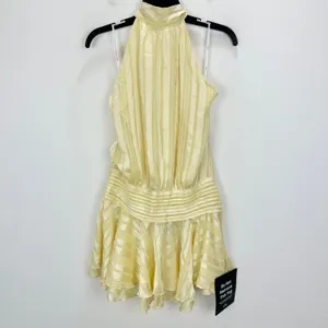 Lulus Cass Light Yellow Striped Satin Drop Waist Mini Dress Party Medium NWT thumbnail 6