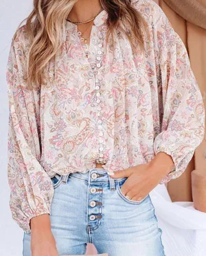 Loose lightweight flowy boho indie cottage core paisley pastel button up down no collar mock neck shirt blouse thumbnail 1