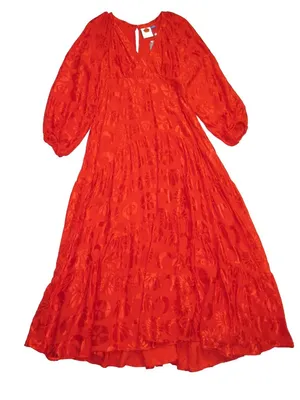NWT Anthropologie x FARM Rio Red Satin Long-Sleeve V-Neck Jacquard Maxi Dress M thumbnail 6