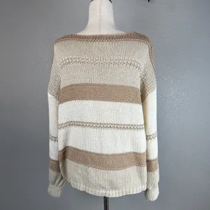 Magnolia Boho V-Neck Pullover Sweater‎ One Size Neutral Beige Ivory Stripe NEW thumbnail 4