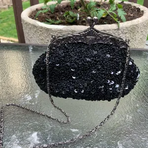 VINTAGE INSPIRED BEADED SEQUINED CLUTCH Black Purse Huffa Formal thumbnail 1