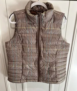 Lands End Down Puffer Vest Brown Plaid Full Zip Outdoor Preppy Heritage thumbnail 1