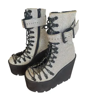 Demonia Cult crystal lace up buckle platforms rave goth boots thumbnail 1
