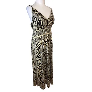 Women's Maxi Dress XL Tan Black Zebra Greek‎ Key Print Boho Stretchy Neutral thumbnail 2