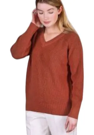 Paul James cotton ribbed v-neck sweater in rust hue size S thumbnail 1
