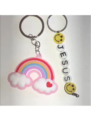 Rainbow and Smiley Jesus Boho Keychain Set Pink thumbnail 4