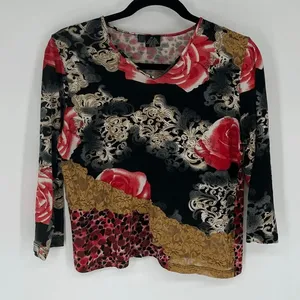 LR Women's Boho Artsy‎ Knit Top L Silk Black Red Floral Baroque Y2K Long Sleeve thumbnail 2