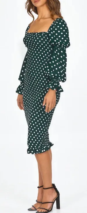 Petal & Pup Green White Polka Dot Smocked Bodycon Midi Dress Puff Sleeve US 10 thumbnail 1