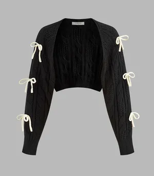 Commense Bow Knotted Cropped Cable Knit Cardigan Girly Cozy Black NWT XL thumbnail 1