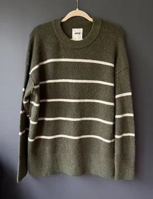 Aerie Olive Green and White Striped Sweater XS thumbnail 1