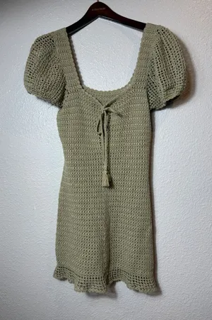Source Unknown Sage Green Crochet Mini Dress Puff Sleeve Tie Front Boho Size S thumbnail 1