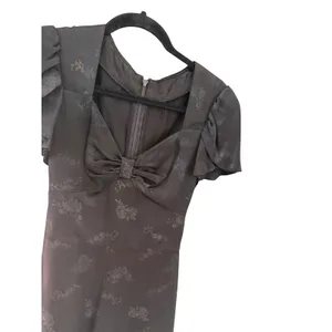 Vintage Whimsigoth Black Floral Jacquard Midi Dress Sweetheart Bow Flutter Sl thumbnail 2