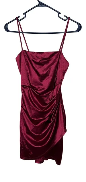 Windsor Burgundy Satin Ruched Bodycon Mini Dress Wine Red S thumbnail 1