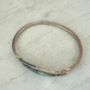 Vintage Mexico Alpaca Silver Abalone Shell Inlay Hinged Bangle Bracelet thumbnail 6