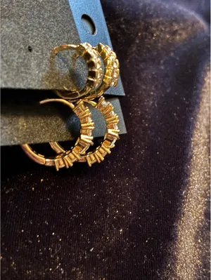 Gold tone CZ Huggie Hoops | Baguette + Round Crystals thumbnail 8