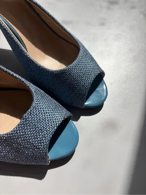 Queue Blue Woven Tweed Slingback Peep Toe Heels Women’s Size 9 Kitten Heel Pumps thumbnail 6