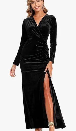 Elegant Velvet/ Deep V-neck, long sleeve, side slit, long length empire waist XL thumbnail 1