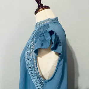 SHEIN‎ Women Blue Relaxed Fit and Flare High Neck Short Sleeves Dress Size M thumbnail 6