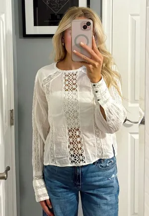 Free People White Lace Long Sleeve Blouse thumbnail 1