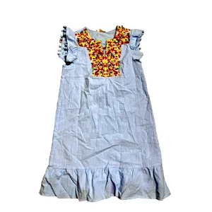 Kirundo Light Blue Embroidered Boho Flutter Sleeve Ruffle Mini Dress S thumbnail 3